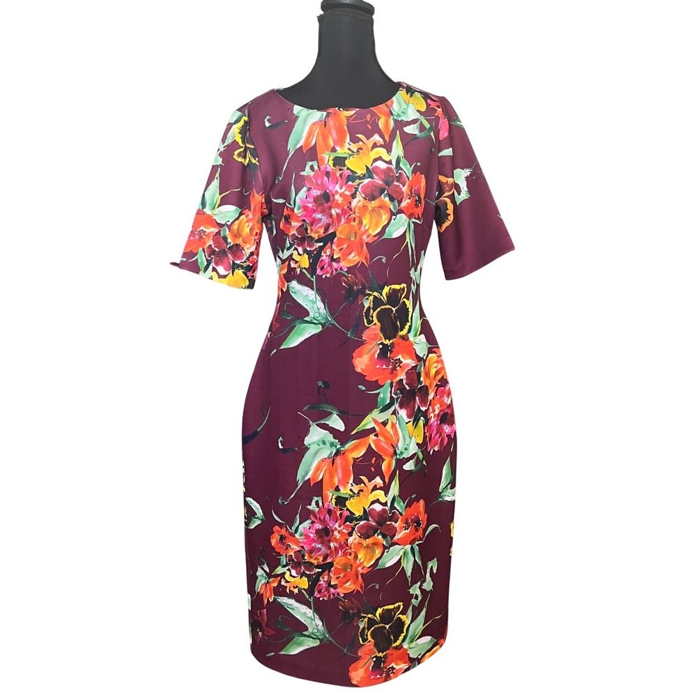 ⭐️3 for $30New York & Company Floral Burgundy Sheath Dress  Knee Length Sz M